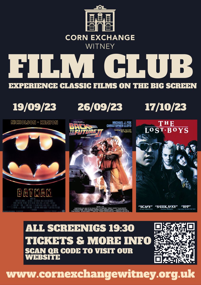After a short break, Corn Exchange Film Club is back with these three absolute belters!! First up the best (in my opinion) 'Batman 1989' followed up with 'BTTF2'then in time for Halloween 'The Lost Boys! Get your tickets here ➡️eventbrite.com/cc/corn-exchan…