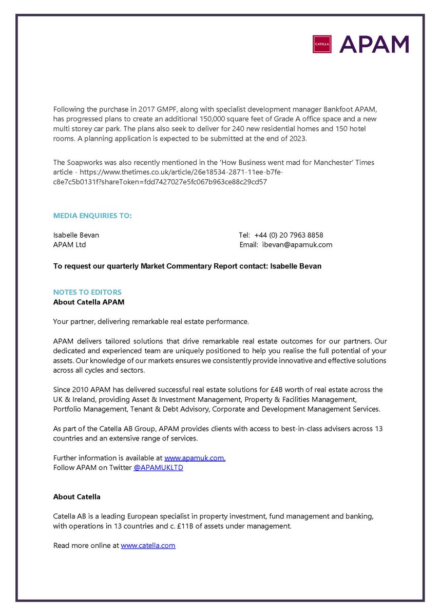 Greater Manchester Pension Fund (GMPF) along with retained asset management advisor Catella APAM, has expanded government body, The Secretary of State’s, footprint at its iconic Soapworks development in Salford.

Find out more below.