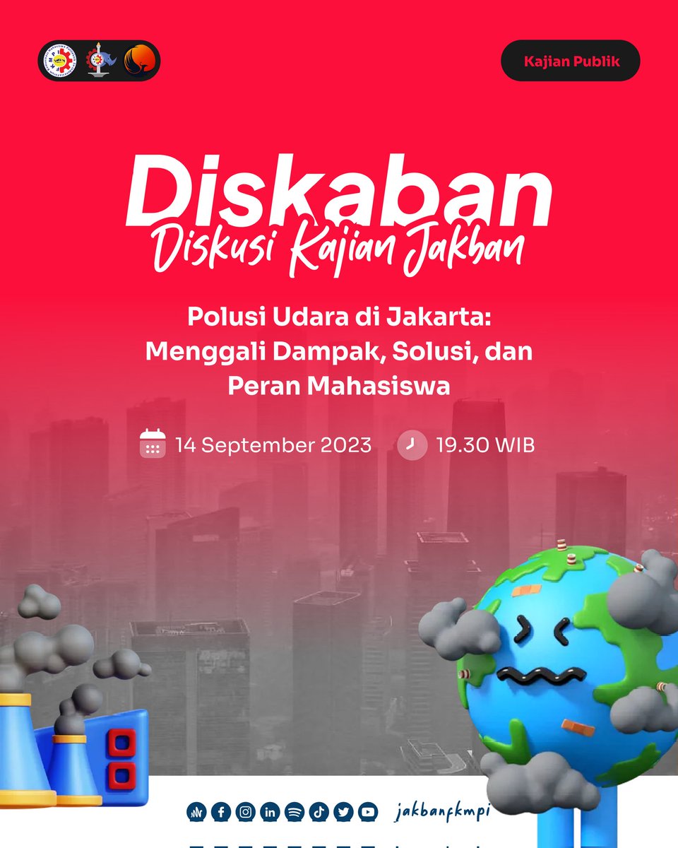 Diskusi Kajian Jakban 2023

Hari/Tanggal : Kamis, 14 September 2023
Pukul : 19.30 WIB - Selesai
Online via Zoom Meeting
Topik ----> Polusi Udara di Jakarta : Menggali Dampak, Solusi, dan Peran Mahasiswa

CP : +62 857-8265-7977 (Angkasa)

#FKMPIJakban2023 
#KabinetArshakaNawasena