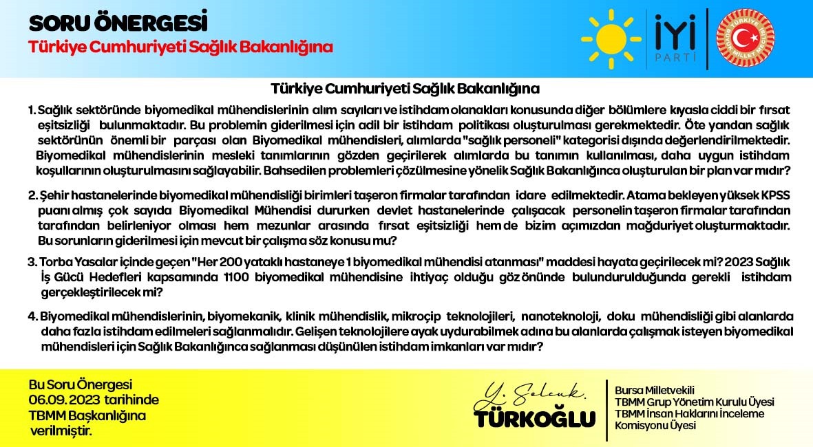 Yasa gereği her 200 yataklı hastaneye 1 biyomedikal mühendisi atanması gerekiyor ve bugün için 1100 kişiye ihtiyaç bulunuyor. Biyomedikal mühendislerinin istihdam sorununu TBMM’ye taşıdık.

İlgili haberimiz:

Biyomedikal Mühendislerinin 
İşsizlik Sorunu Meclis’e taşındı