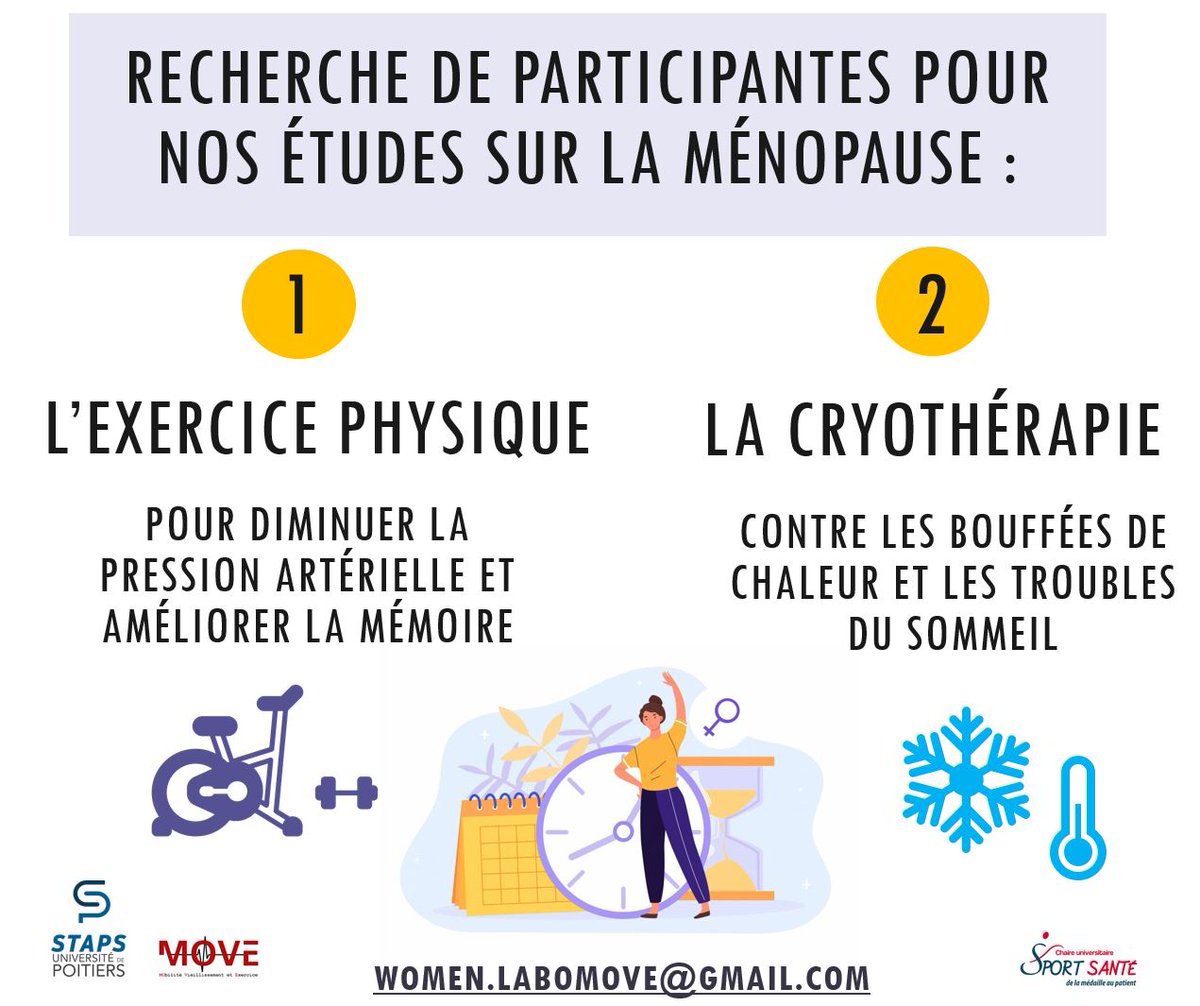 🔎♀️ RECHERCHE DE PARTICIPANTES ♀️🔍 Nous recherchons des femmes ménopausées mobiles sur Poitiers pour participer à nos études! --> Contactez Morgane à women.labomove@gmail.com !