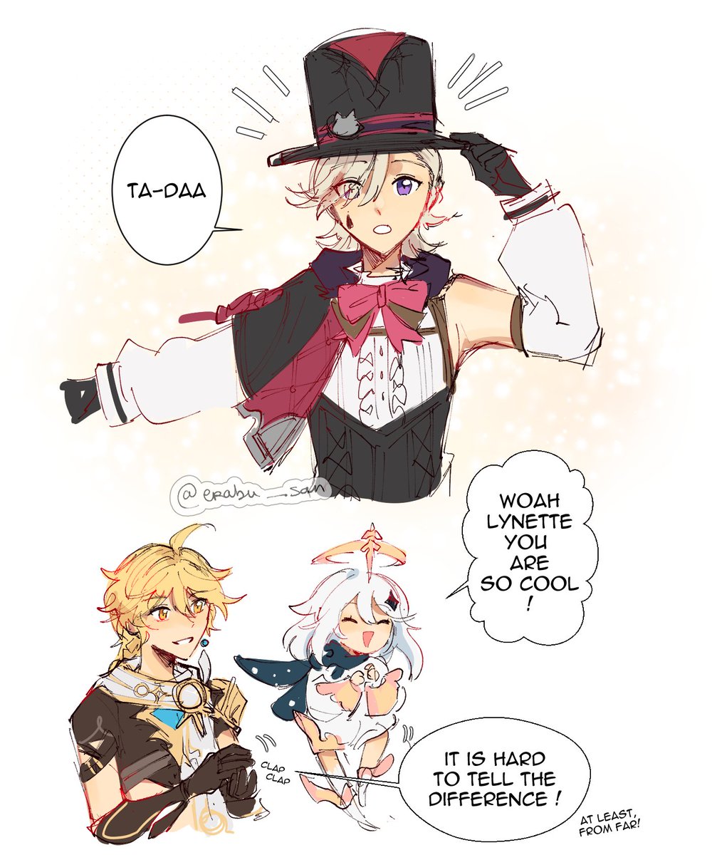 Erabu_san's tweet image. Lyney and lynette switching their outfit (1/2)

#Lyney #Lynette #Aether #GenshinImpact