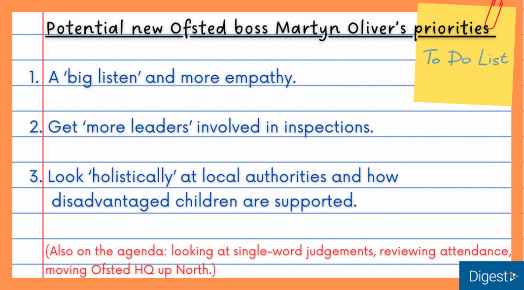 Sir Martyn Oliver (@martyneoliver), the man in line to be Ofsted’s new chief, shared his priorities for the inspectorate. Here’s what we found out. ➡️ twinkl.co.uk/l/g9f2v