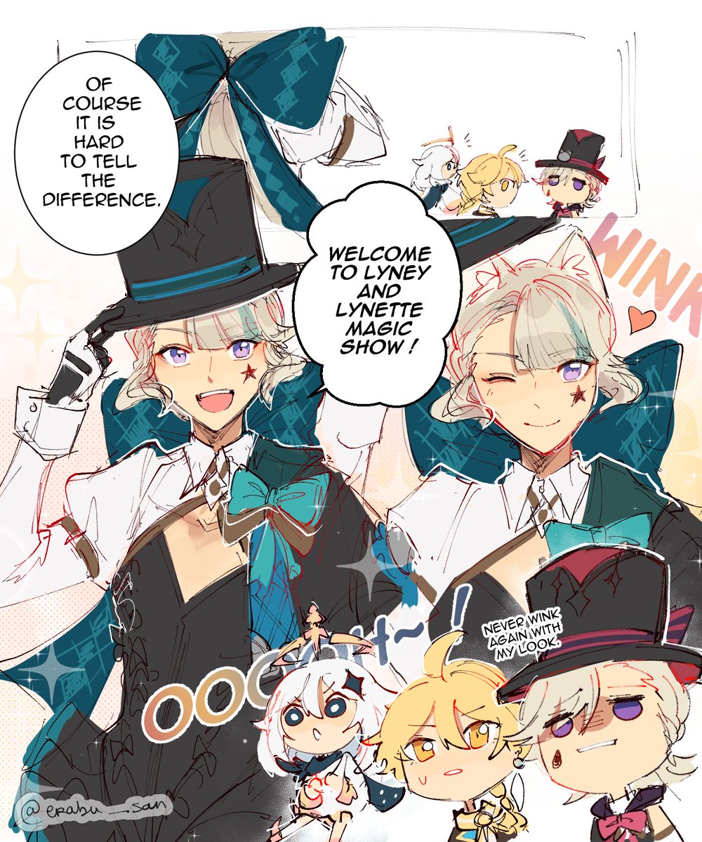 Erabu_san's tweet image. Lyney and lynette switching their outfit (1/2)

#Lyney #Lynette #Aether #GenshinImpact
