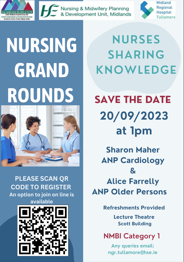 GrainneHdKeena's tweet photo. Nursing Grand Rounds MRH Tullamore
20.09.23 at 1pm
Click here to register:
https://t.co/m6CBhOOndi https://t.co/MuXbbGhQZq