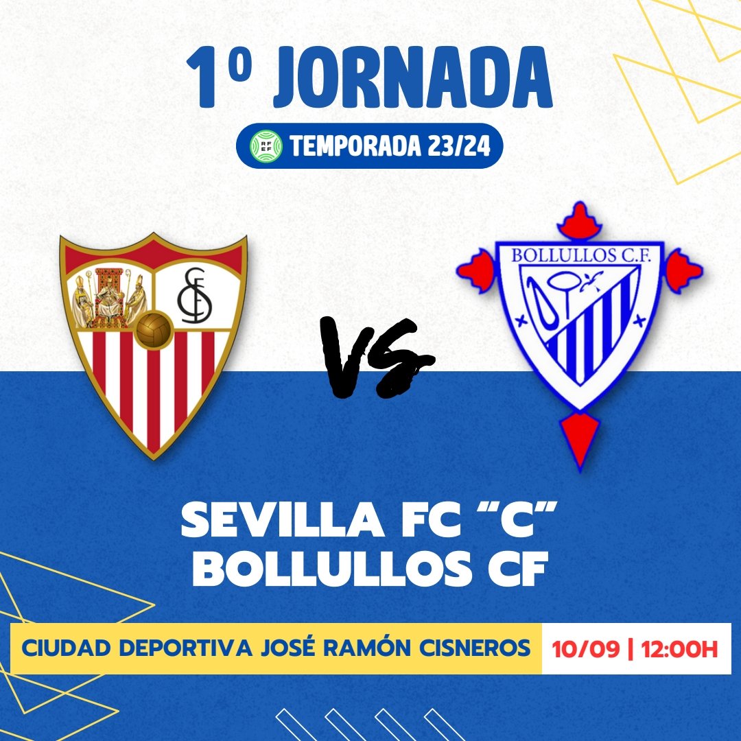 bollulloscf1933's tweet photo. ⚽🔝 ¡Primera jornada en #TerceraFederación para el #BollullosCF!

🆚 Sevilla FC "C"
📍Ciudad Deportiva José Ramón Cisneros Palacios 
🕐 12:00 H

#SevillaCBollullos #VamosMiBollullos💙 https://t.co/HE70hYKRun