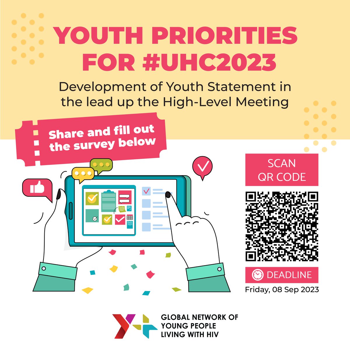 Yplus_Global's tweet photo. Want to have your voice heard? The #UHCHLM2023 is just around the corner and Y+ Global is gearing up to create a youth statement that will outline the top priorities for UHC. This statement will serve as a powerful advocacy tool.
Access the survey👉🏼 https://t.co/kXghOnMOyI. https://t.co/MXzkbib466