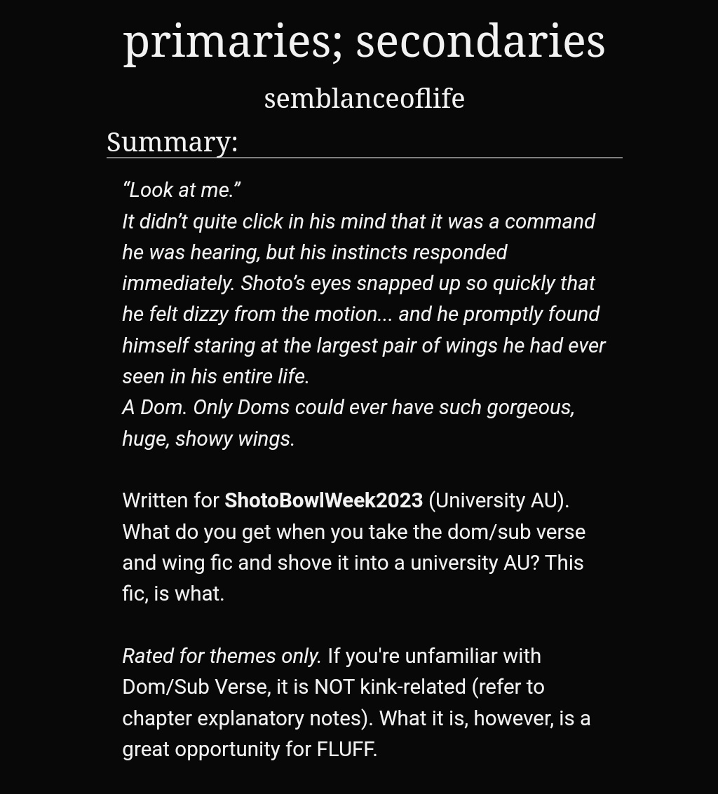 ver_crepuscule's tweet photo. ✨primaries; secondaries✨ has been posted!
Pairing: 🗡️👹 (side: 👟🦁 / 🔮🐏 )
🏷️dom/sub verse (NOT bdsm, that's different), wingfic, university AU.
Despite what it is, there is only indulgent fluff and hc because it me :3 (Link in replies!)
#ShotoBowlWeek
#voxto https://t.co/AfMEtnSXwv