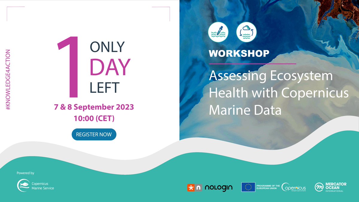 📢Attention marine science students, researchers, and environmental enthusiasts! Join our #Knowledge4Action workshop, focusing on using our #CopernicusMarine data to assess marine ecosystems 🌊 ⏳ Just 1 day left to register👇 e.copernicus.eu/Marine_Knowled…