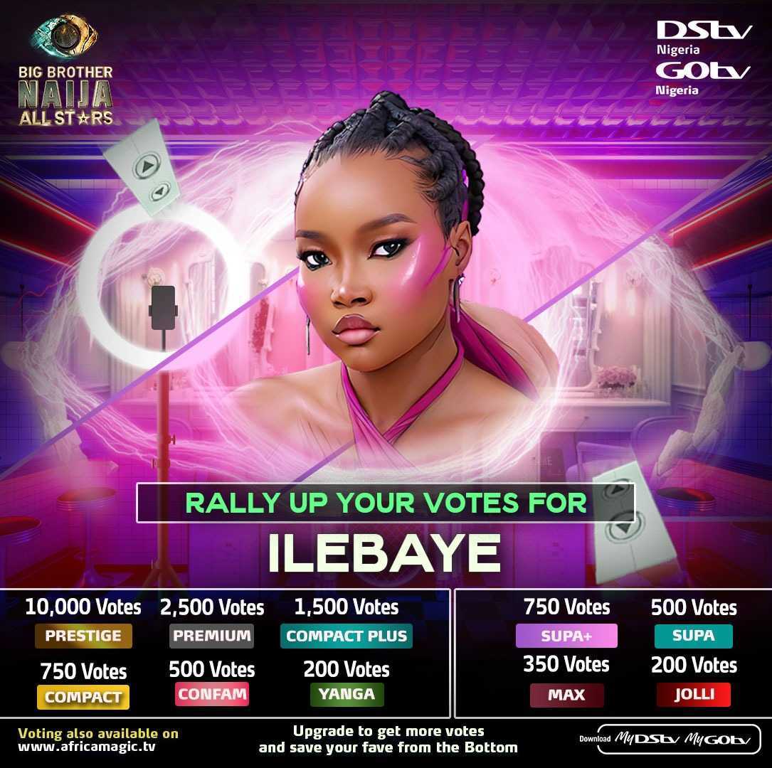 BBNaija's tweet photo. Doyin, Ilebaye, Venita, and Whitemoney need your votes to be saved from Sunday's eviction. 
Vote for your faves now!

#MyDStv: https://t.co/eVfAzF29z7 
#MyGOtv: https://t.co/GQVm97iBI3
Web/Mobi site: https://t.co/7fo7Lq0NXA 

Voting closes Thursday at 22:00 WAT
#BBNaija #BBNaijaAllStars