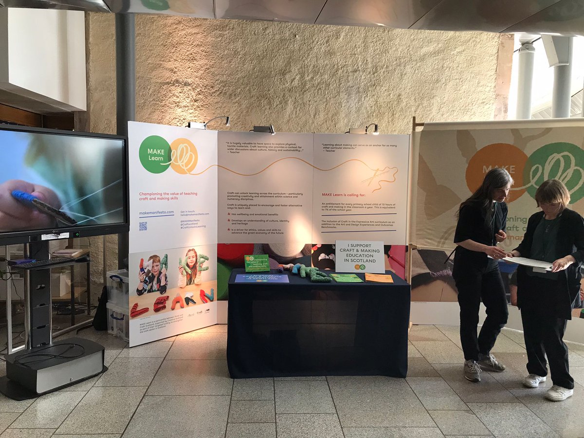 A sneak peek at our MAKE Learn display! 👀🧶 Isn't it looking beautiful? We're hosting a private exhibition at @ScotParl this week to speak to MSPs about the positive impact teaching #craft in schools has on #learning, attainment & employability. (1/3)