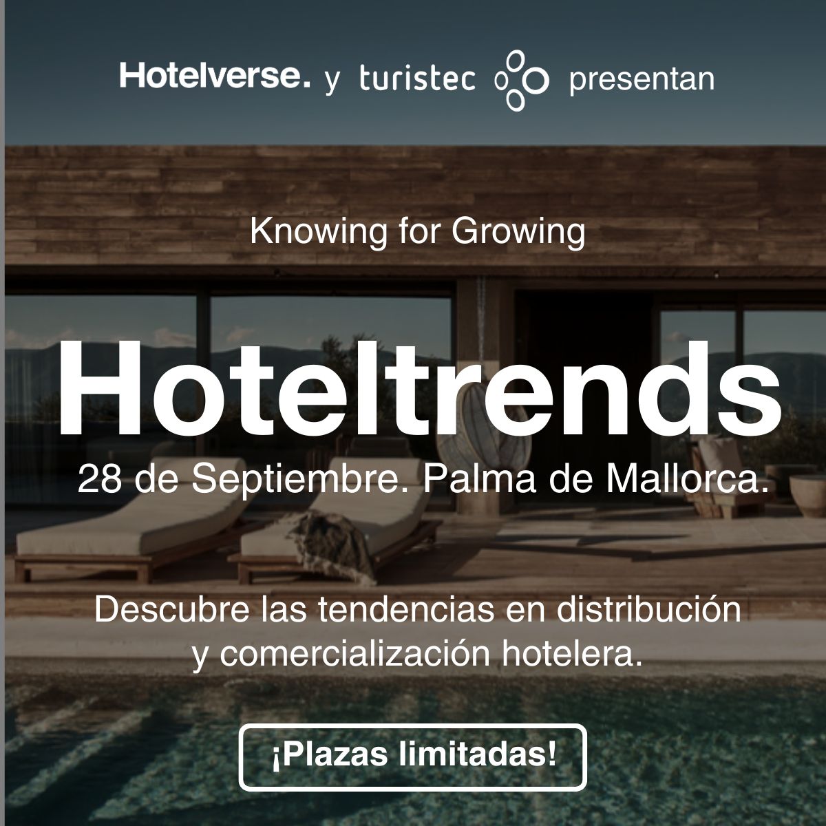 📢 Save the date!
 
el 28 de septiembre te traemos Knowing for Growing Turistec® con @HotelverseTech
Hoteltrends: Descubre las tendencias en distribución y comercialización hotelera
 
Te daremos más detalles próximamente.
#eventosTuristec #sociosTuristec #jornadas #hoteles