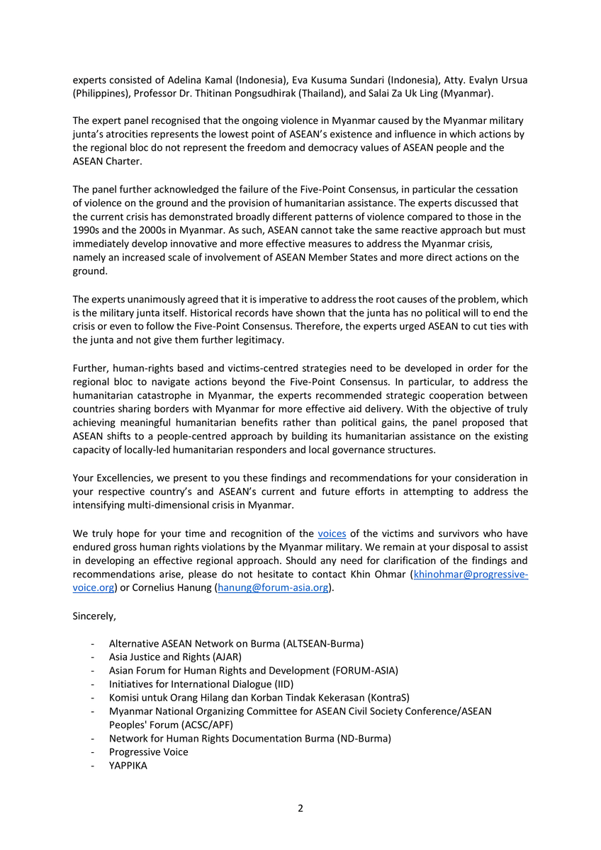 .<a href="/ASEAN/">ASEAN</a> leaders must heed the calls of survivors of human rights violations in #Myanmar.

📌 Move beyond 5PC
📌 Partner w/ local groups to deliver aid
📌 Exclude junta from all platforms

See experts' analysis of ASEAN's approach and findings at bit.ly/3sG9qIb