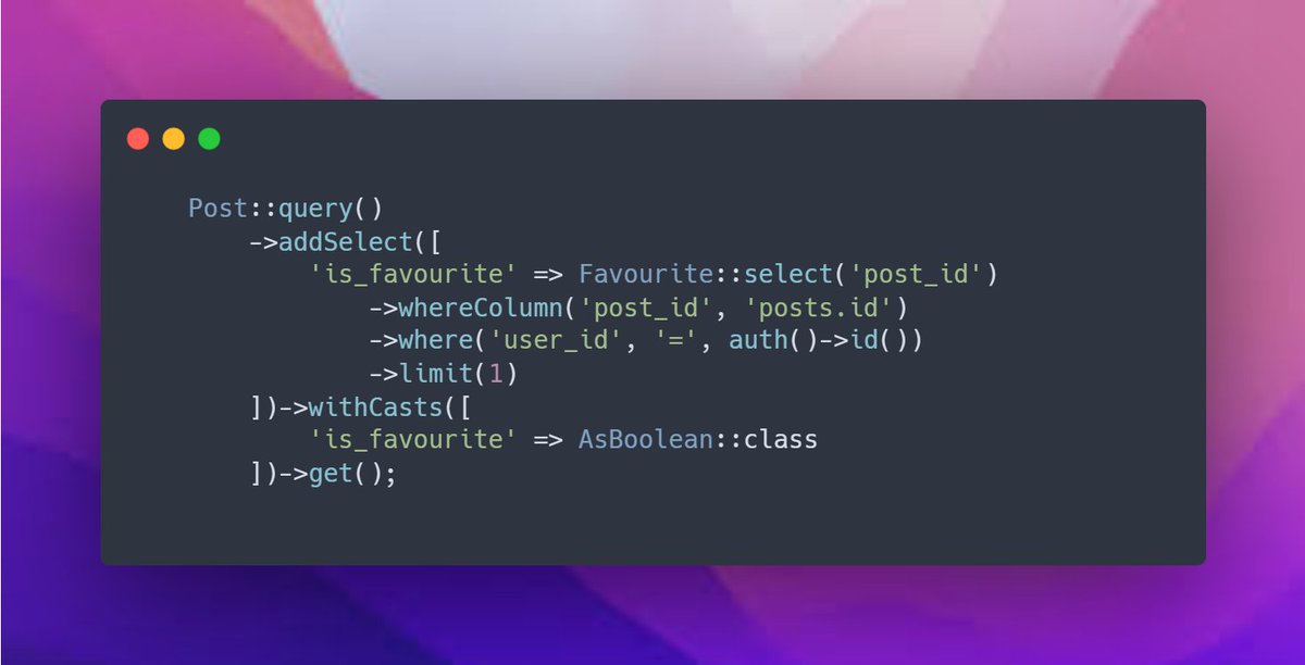 MhmoudAdel71's tweet photo. #laravel tip 🔥: i want represent a way how to use sub query to select a column for a specific requirement i think this way is good for this use case when u want to check if this thing is favourite or not in pivot table  here's an example how to do this . https://t.co/PXShgxuJik