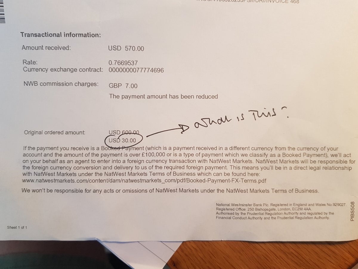 OllyDavy's tweet photo. @NatWestBusiness hi. I'm a business customer. I've received a payment from Israel to the UK, transferred in dollars ($600). My NWB statement lists $30 as a deduction. You've also taken £7 commission. Please can you clarify why $30 has been deducted? https://t.co/h3uYhpJGMW