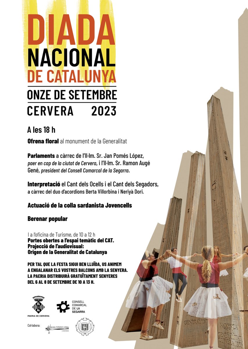 ✅La Paeria i el <a href="/ccsegarra/">Consell Comarcal de la Segarra</a> organitzen els actes commemoratius de la Diada nacional de Catalunya a #Cervera.

🆕Enguany seran a la tarda i inclouran, a més de la tradicional ofrena floral, interpretacions musicals i sardanes. 

ℹ️  ja.cat/tox7d.