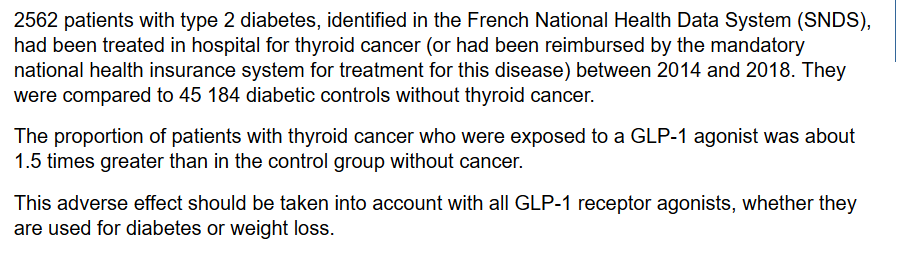 Dulaglutida, exenatida, liraglutida y otros arGLP-1: estudio de casos y controles asocia su uso a mayor riesgo de cáncer de tiroides.
Este efecto adverso debe tenerse en cuenta con todos los arGLP-1, se usen para la diabetes o para perder peso
english.prescrire.org/en/81/168/6733… #SegPac