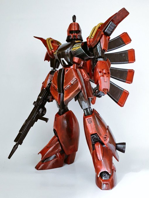 ジョニーライデン専用ビギナギナ完成しました!旧キット1/100を無改造素組みして、赤黒黄色で塗り分けました。いつもの通り水性ホビーカラー筆塗り仕上げ、押さえ目てすがイラスト風に濃淡付けてます!楽しい企画ありがとうございました#ジョニライ祭り完成#ジョニライ祭り#ビギナギナ 
