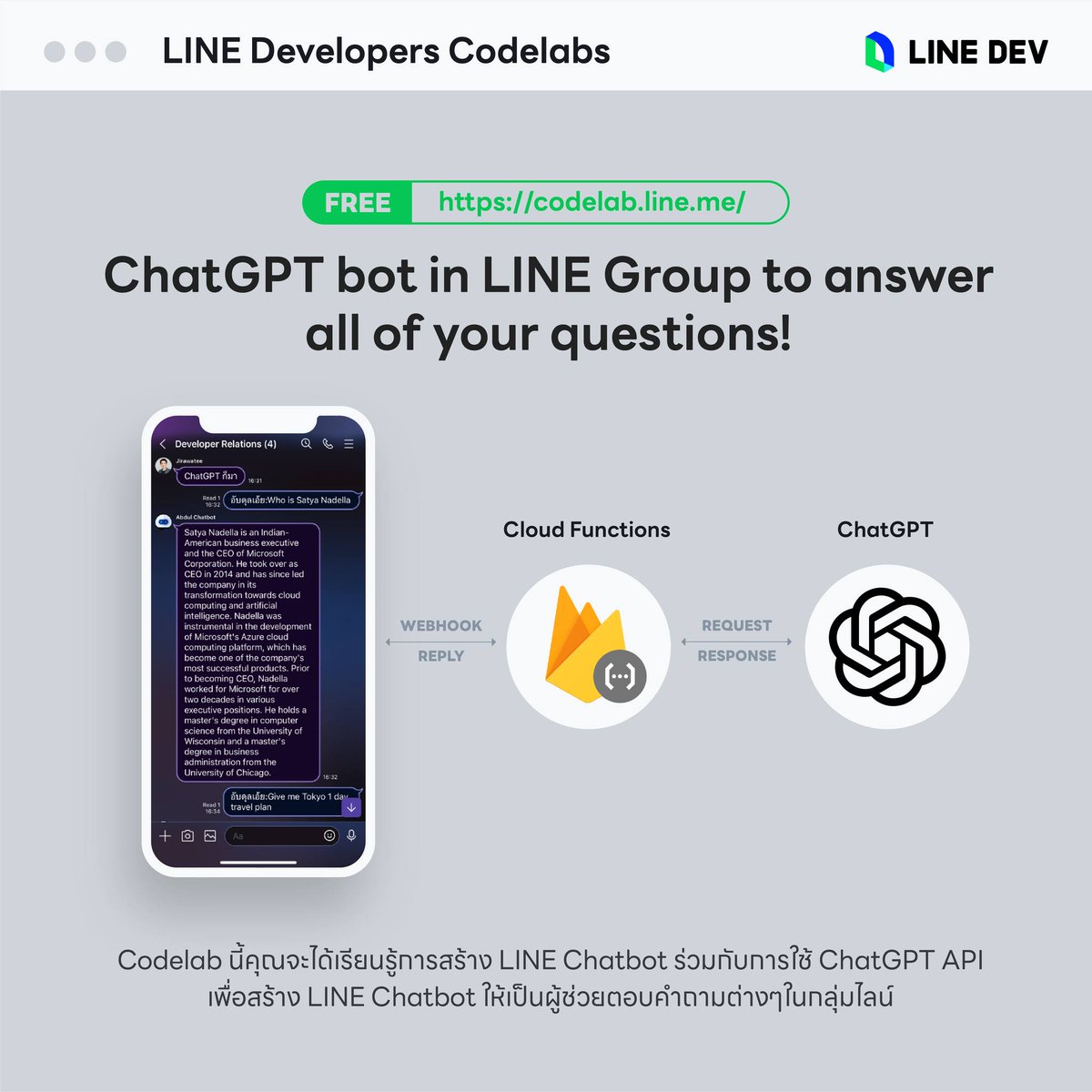 Jirawatee's tweet photo. 2 Codelabs ร้อนๆจากเตามาเสริฟแล้วจ้า ใครที่สนใจสร้าง Generative AI Chatbot ร่วมกับ LINE ไม่ว่าจะเป็น ChatGPT(OpenAI API) หรือ Bard(PaLM API) เลือกไปลองทำได้เลย แต่ละคอร์สใช้เวลาไม่เกิน 1 ชม. รับรองได้ของกลับบ้าน! #LINEDEVTH https://t.co/70bxxXiim7