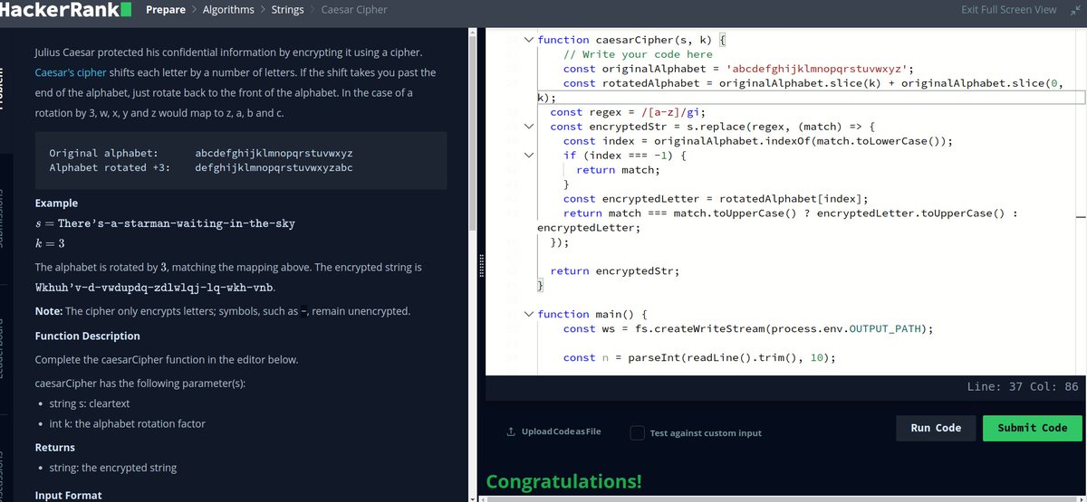 Day 4/30 Of Solving Algorithm 
😣 CAESER CIPHER 
But guess what my solution is wrong because I did not pass just 7/12 test cases
#problemsolving can anyone tell me what am missing? please 
#Algorithms 
#webdevelopment 
#RebaseAcademy 
#programming