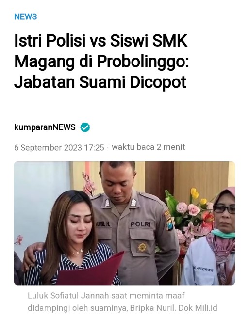 Istri Polisi vs Siswi SMK magang di Probolinggo jabatan suami dicopot

kumparan.com/kumparannews/i…