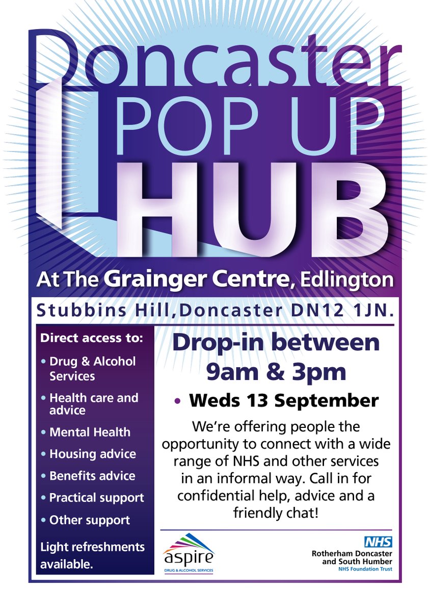 Call into the #Doncaster Pop Up Hub on Wednesday 13 September between 9am - 3pm for confidential help and advice or just for a friendly chat. Full details below. <a href="/rdash_nhs/">RDaSH NHS FT</a> #Doncasterisgreat #NHS