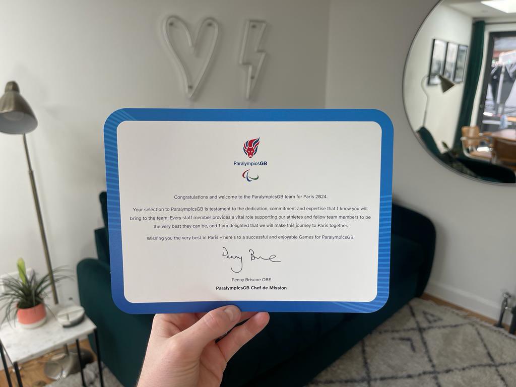 Honoured to be part of the <a href="/ParalympicsGB/">ParalympicsGB</a> family, preparing for my first Games experience as ParalympicsGB House Staff Wellbeing Manager. Very excited to have received this through the post!! Roll on Paris, 357 days, we’ll be ready 🇬🇧💪🏼🇫🇷 #Paralympics #Paris2024 #Wellbeing