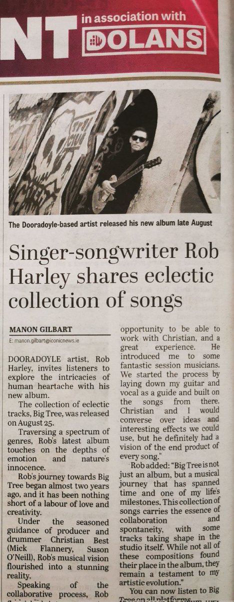 robharleymusic's tweet photo. Huge thanks to @ManonGilbart and the @Limerick_Leader for a great write up!
#BigTree #newalbum #NewRelease #LimerickLeader #Dolans #allplatforms #RobHarley #RobertHarley https://t.co/6vPzJhYnIg