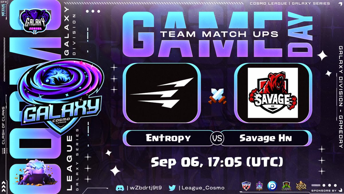 We've got a match from the Losers Bracket 2 of 32, today at 5pm UTC! They'll have to win to stay in at the chance of winning $1000.
@Entropy_CoC vs <a href="/Team_Savage03/">Savage Hn</a> 
Tune in at twitch.tv/cosmo_league