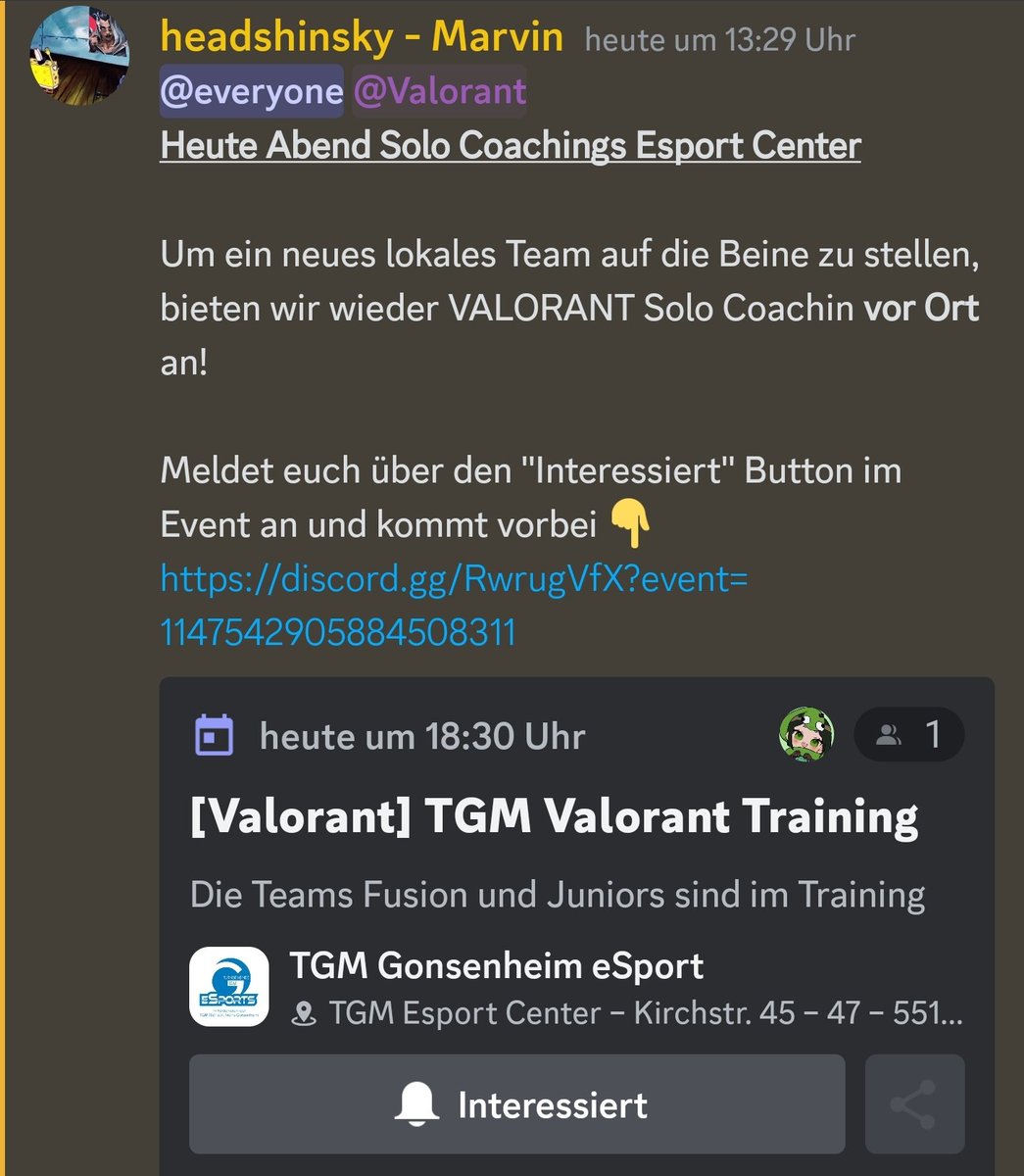 Heute Abend ab 18:30 Uhr gibt es wieder Solo Coachings im Esport Center der @TGMesportsMZ mit mir 🔥

Falls ihr aus #Mainz &amp; Umgebung kommt, schaut vorbei!

Kirchstr. 45 - 47
55124 Mainz

Gerne teilen für mehr Reichweite und bei Fragen, slidet in meine DM's!