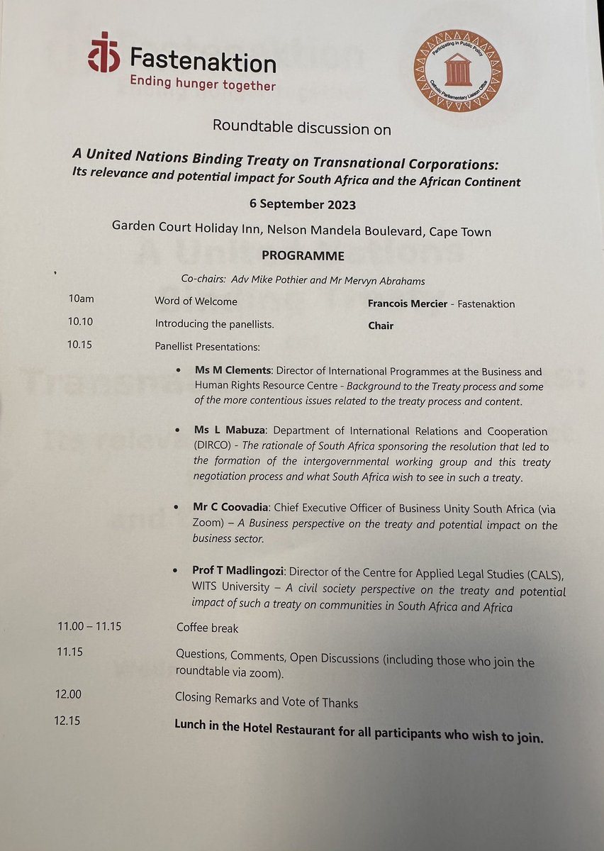 CALS_ZA's tweet photo. CALS is participating in an expert roundtable on the proposed UN binding instrument on business and human rights. We advocate for treaty that’s sensitive to intersectional harms, establishes an effective judicial mechanism, &amp; promotes communities’ right to consent to development. https://t.co/ofMn1wFhNK