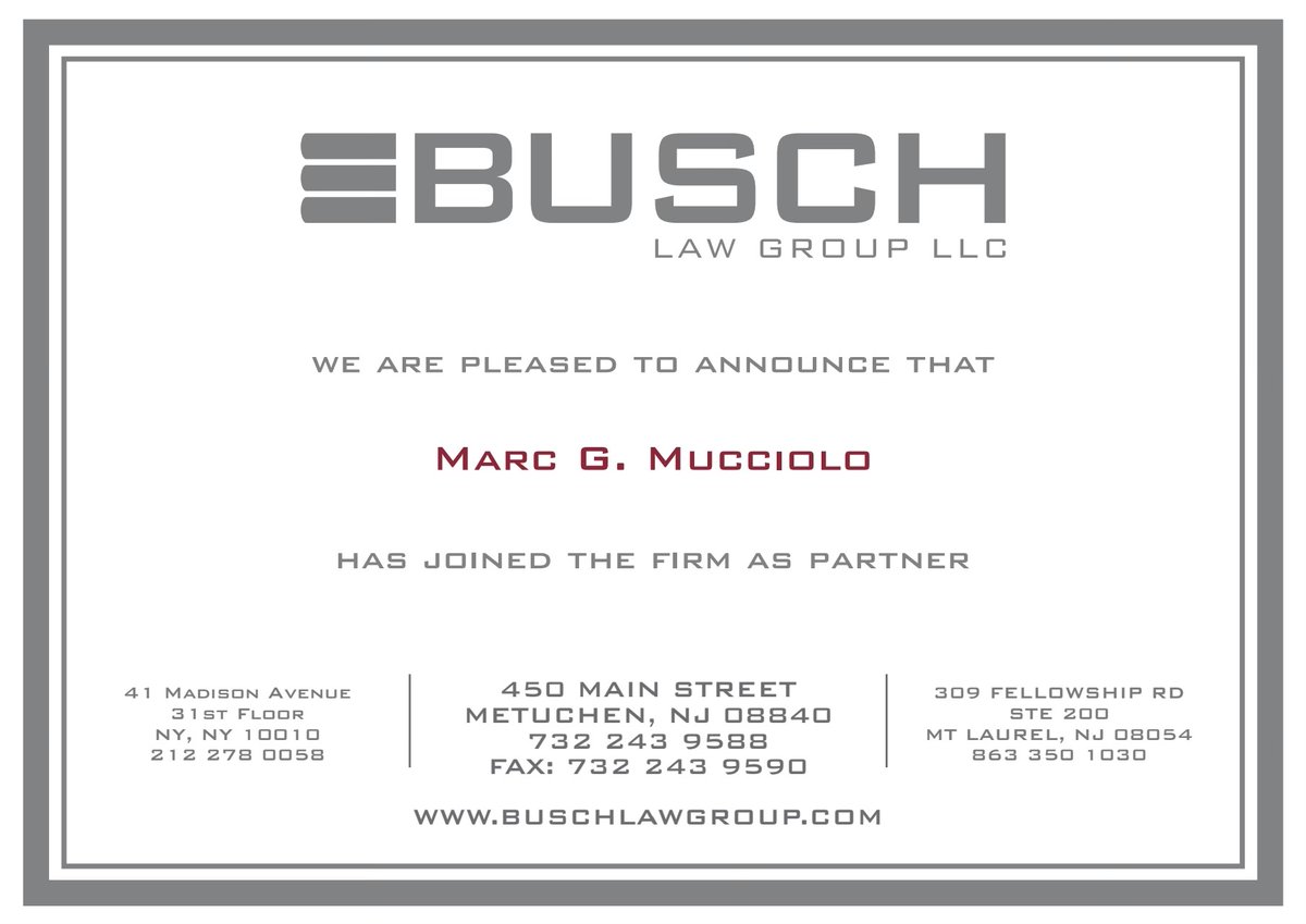 buschlawgroup's tweet photo. BLG welcomes its newest partner, Marc Mucciolo! https://t.co/Wjb8d3htyD