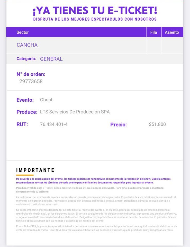 Krawlyjag's tweet photo. Vendo 4 entradas para el recital de Ghost a llevarse a cabo el miércoles 27/07 en el Movistar Arena 🇨🇱 !!! Sector Cancha / Categoría General cualquier consulta estoy atento !!! https://t.co/8cfWW7jcXs
