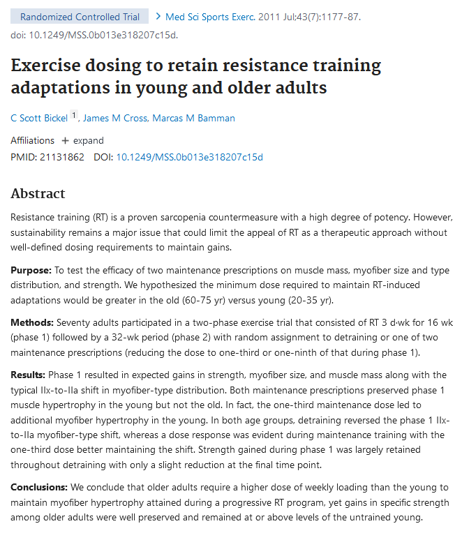 How much volume is needed to retain muscle size?

After a 16-week program, participants were randomized to:
Detraining (no exercise)
1/3 of the volume of the initial program
1/9 of the volume of the initial program

Detraining resulted in a loss of size
1/3 of the volume further