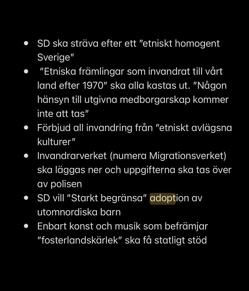 När man läser SD:s äldre principprogram, när de fortfarande öppet var nazister, inser man ganska snabbt att det är dit partiet är på väg tillbaka igen, nu när de fått lite makt. 

Föreställ er nu den fascistiska diktaturen om SD skulle få fullständig makt…