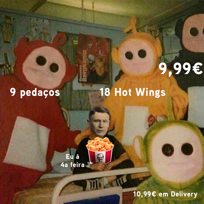 KFC_Portugal_'s tweet photo. À quarta não tenhas medos. 👀 Pede logo 9 pedaços ou 18 Hot Wings por 9,99€ (10,99€ em Delivery) 💪
