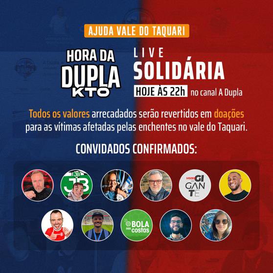 PELO VALE DO TAQUARI

A Dupla hoje fará live em prol das famílias que sofrem pelos resultados das enchentes no RS. Convidamos amigos pra batermos um papo sobre futebol em nome da solidariedade. Todo o valor arrecadado será revertido em produtos e entregues a Defesa Civil.