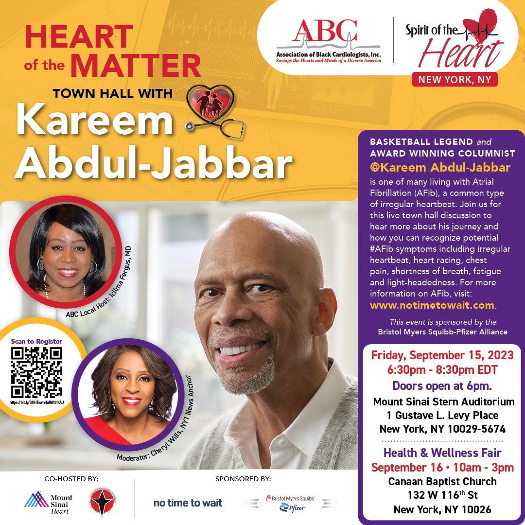 Join basketball legend @kaj33 at @ABCardio1 Heart of the Matter Town Hall on 9/15 as he shares his #AFib journey and discusses some of the common symptoms he overlooked. Be a part of this important community event sponsored by @bmsnews and @pfizer. RVSP: bit.ly/SOHTownHallWit…