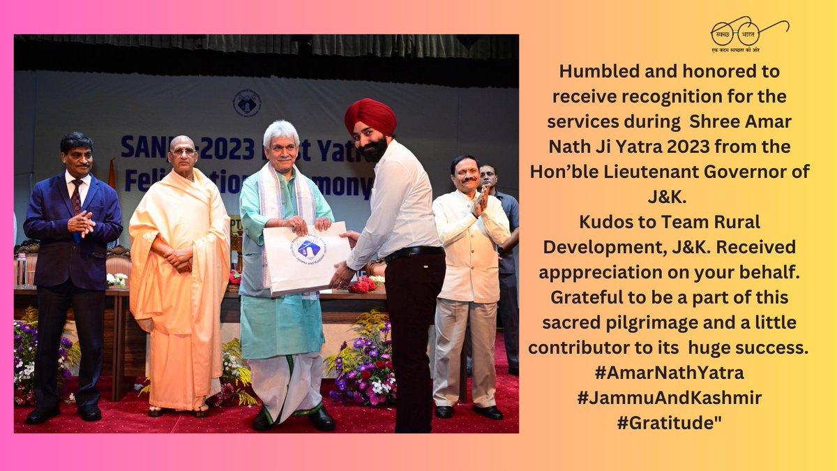 mission_sbm's tweet photo. Humbled and honored to receive recognition for the services during #ShreeAmarNathJiYatra2023 from the Hon’ble Lieutenant Governor of J&amp;K. Kudos to Team #RuralDevelopment, J&amp;K. Received apppreciation on your behalf. Grateful to be a part of this sacred pilgrimage #Gratitude https://t.co/rRK8xlvJ4p