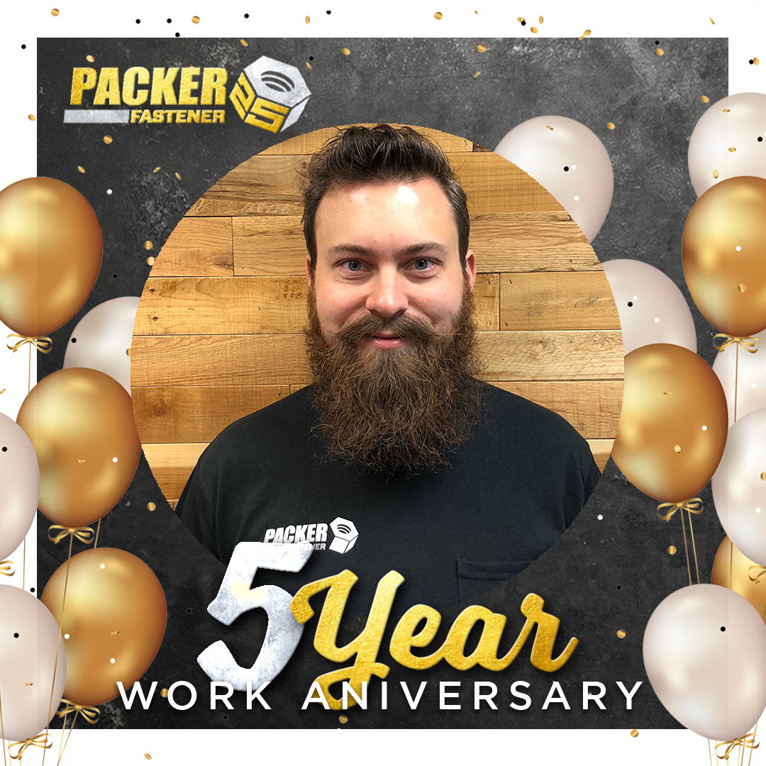 Hats off to Brandon Ledvina on his 5-year Packer Fastener anniversary. From starting in Ops to his current role as the Fabrications and Assembly Leader #2, Brandon’s time here has been nothing short of legendary!