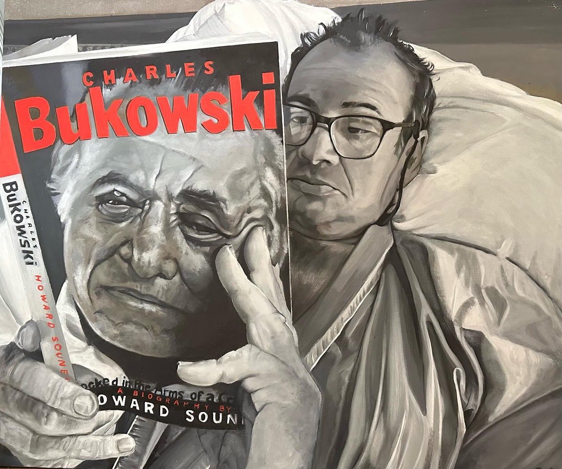 “In Bed With Bukowski” by Ruth Swain. I feel flattered to have my picture painted, with my Charles Bukowski biography, by a fine artist. On show at ronapainting Gallery, Oxford. #charlesbukowski