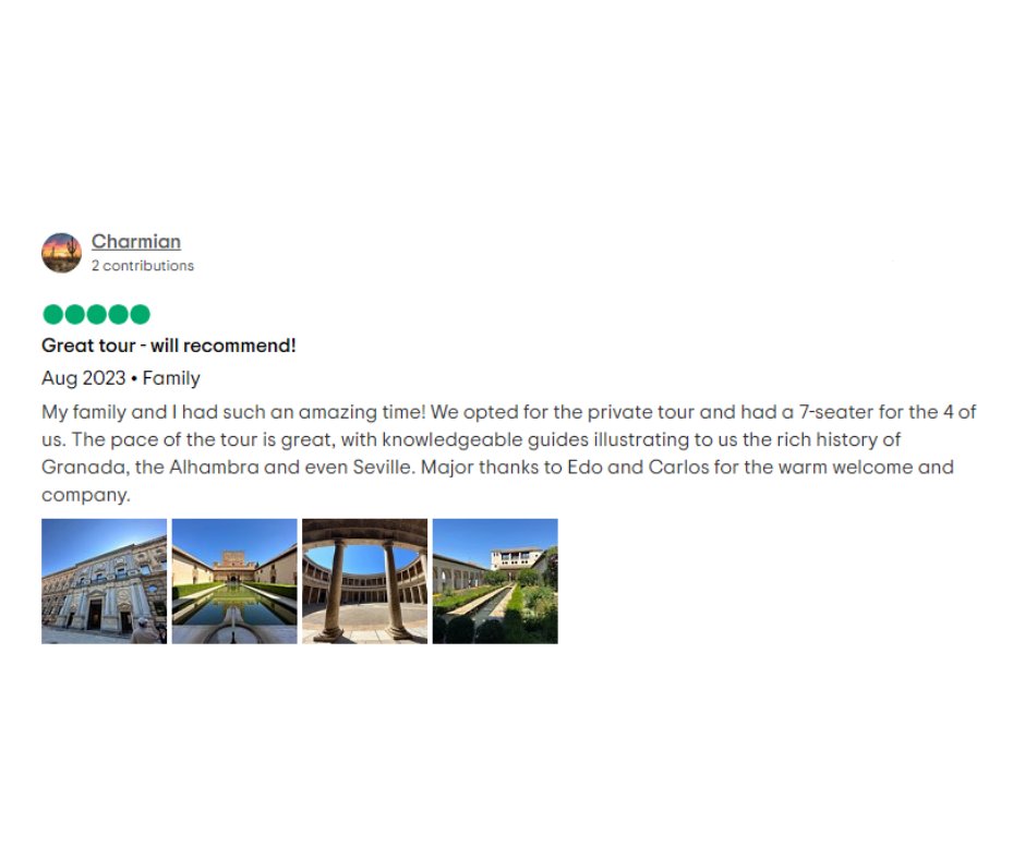 NotJustaTourist's tweet photo. This was an awesome experience! Our client was beyond satisfied, and we are so glad 🤗 Highly recommend trying out this service -Granada day trip- you won't be disappointed! #notjustatourist #satisfiedclient #greatservice #happyclient #granada #alhambra #seville #travel https://t.co/642dQjQbvs