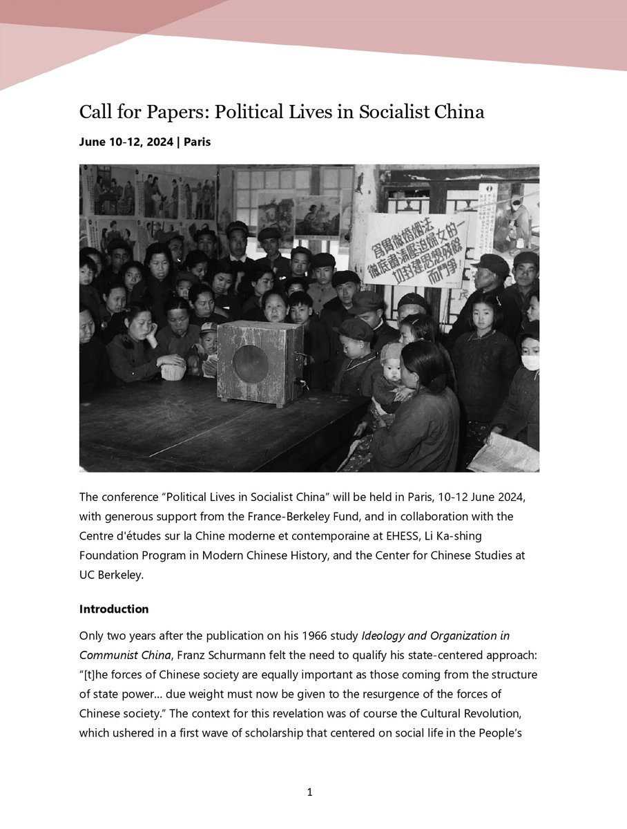 CentreChine's tweet photo. Call for Papers: "Political Lives in Socialist China"
 📅June 10-12, 2024 | Paris
Colloque international co-organisé par Isabelle  Thireau (CNRS/EHESS) et Puck Engman (Berkeley University). Propositions de communication à envoyer jusqu'au 15 novembre 2023. https://t.co/sL8WT8XA7M