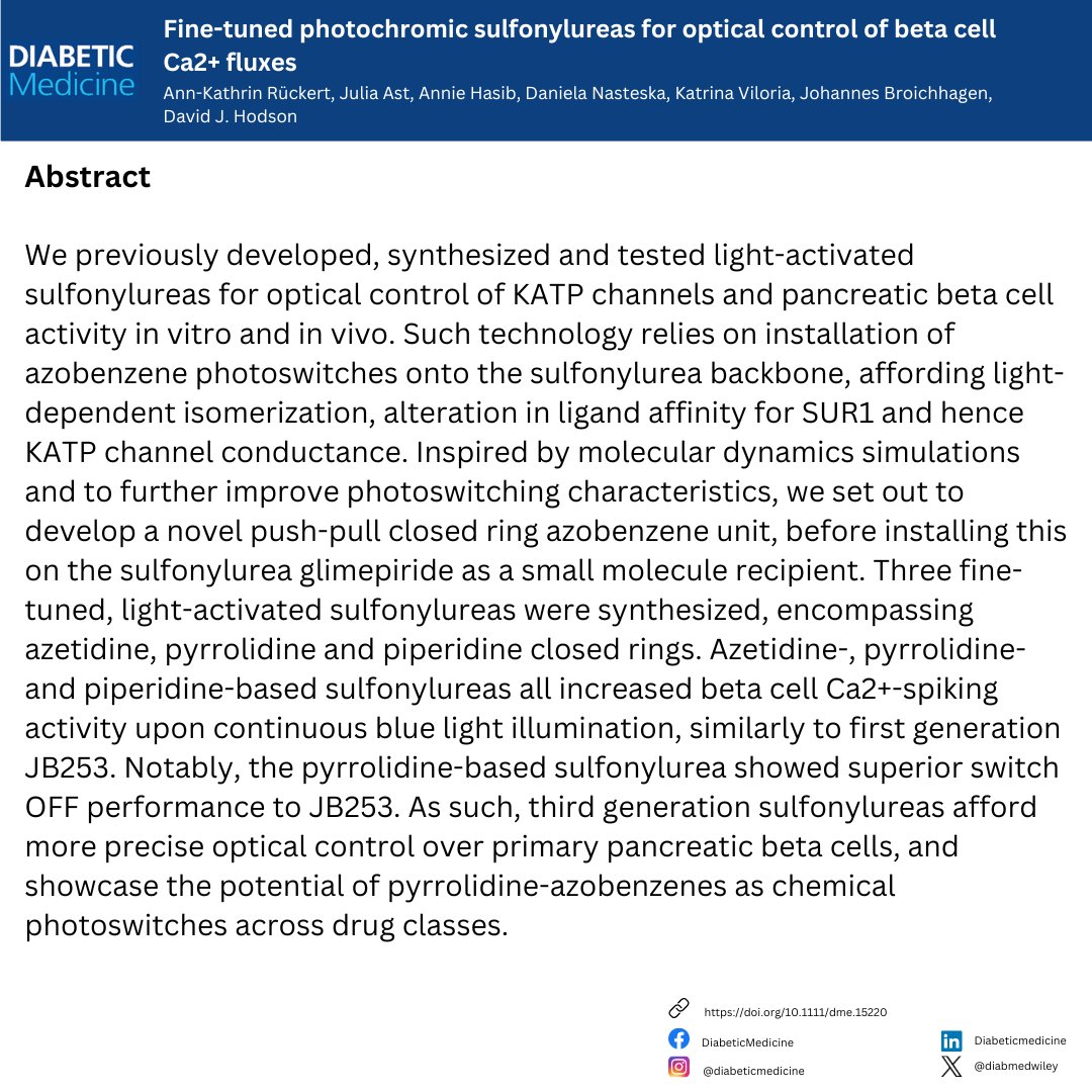 Diabetic Medicine Wiley (@diabmedwiley) on Twitter photo A new research article on "Fine-tuned photochromic sulfonylureas for optical control of beta cell Ca2+ fluxes" by Ann-Kathrin Ruckert et al.
🔗 doi.org/10.1111/dme.15…
@DNikarus
<a href="/kitkat_time/">Katrina Viloria</a>
#diabetesresearch A new research article on "Fine-tuned photochromic sulfonylureas for optical control of beta cell Ca2+ fluxes" by Ann-Kathrin Ruckert et al.
🔗 doi.org/10.1111/dme.15…
@DNikarus
<a href="/kitkat_time/">Katrina Viloria</a>
#diabetesresearch