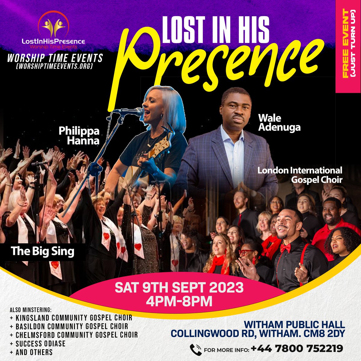 Lost In His Presence are hosting a free Worship event taking place in Witham this Saturday, no need to book just turn up

worshiptimeevents.org