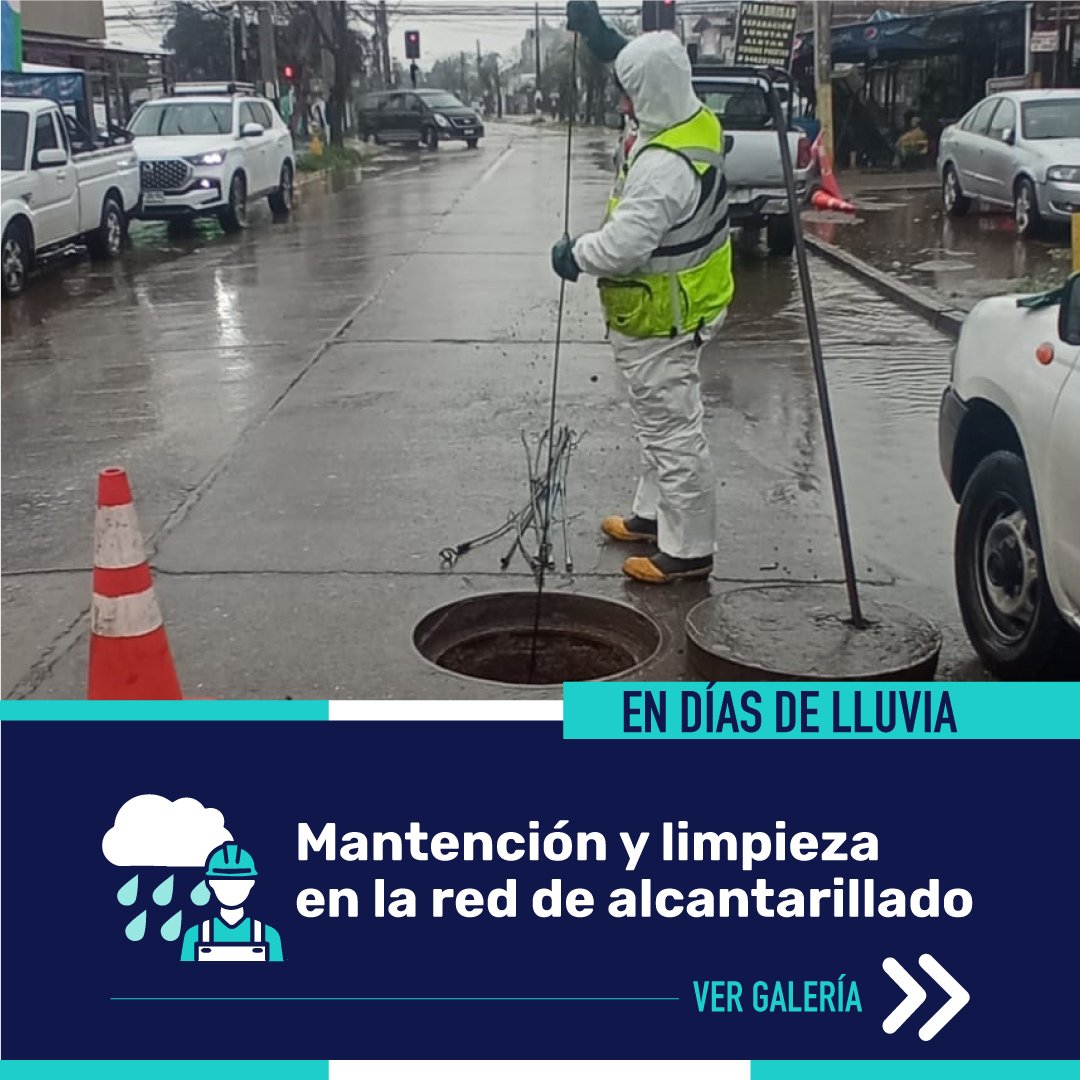 SMAPA_MAIPU's tweet photo. 🌧️En jornada de lluvia nuestra Unidad de Alcantarillado ejecutan labores de mantención y limpieza, y desobstrucción de colectores por saturación de agua. Recuerda prevenir riesgos y no levantar las tapas de alcantarillado. Ante cualquier emergencia comunícate al 6001004000. https://t.co/S98tqTyFze