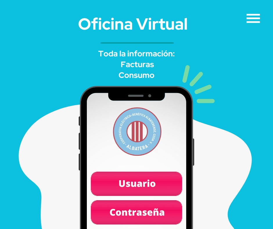 coopalbaterense's tweet photo. Oficina virtual de la Cooperativa Eléctrica Benéfica Albaterense
Solicita en nuestras oficinas tu clave de acceso a la oficina virtual para obtener información sobre:
- Facturas
- Consumo
- Historial
- Contratos
#albatera #coopealbatera https://t.co/QOBWzL8DJS