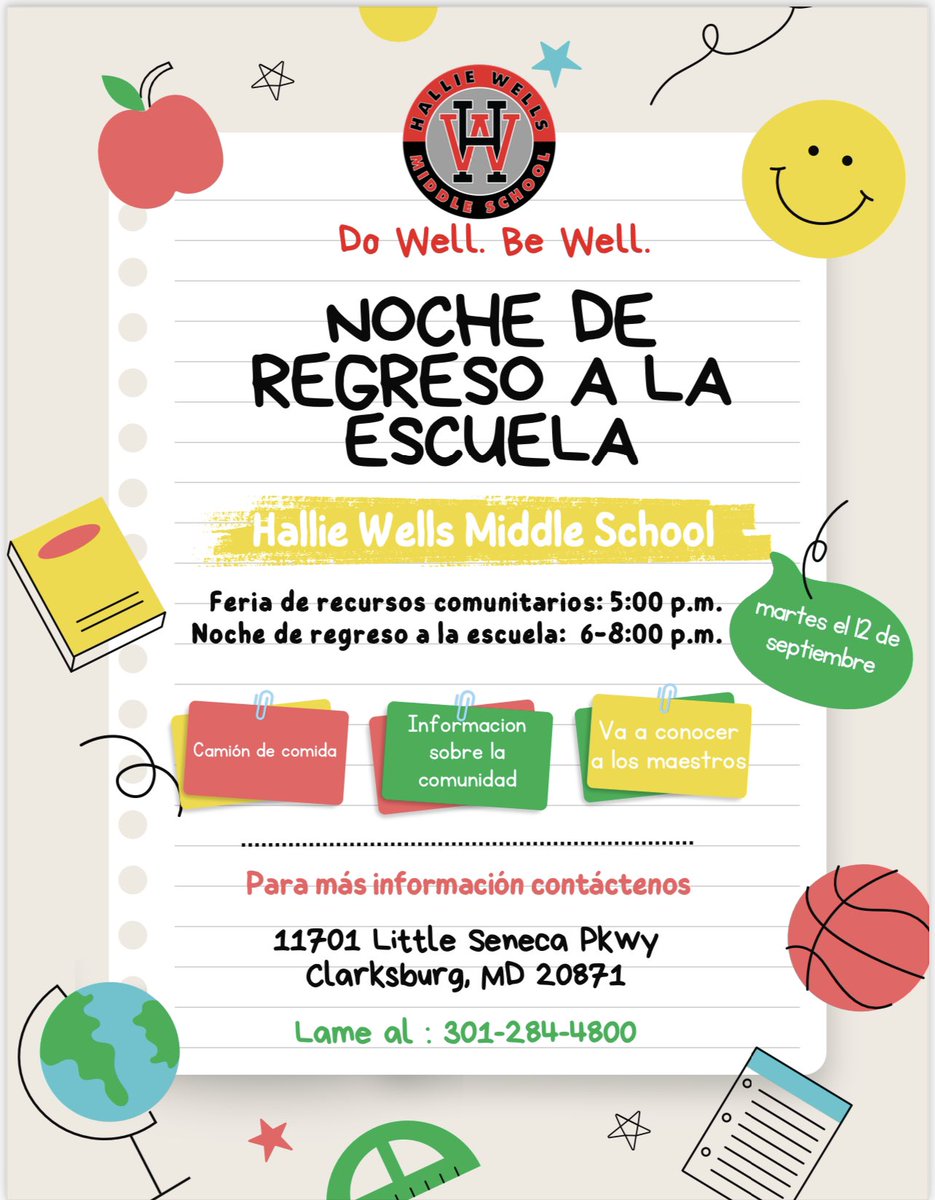 DrMcNeal_HWMS's tweet photo. Hallie Wells Families: Back to School Night is next Tuesday, September 12th! Make plans to join us! There will be a resource fair, a food truck, &amp; childcare will be provided! We’re looking forward to seeing YOU! #DoWellBeWell @HallieWellsMS @HWPTSA @HWMS_AP_Paskvan @bethfthomas1 https://t.co/MedjF1Qjdz