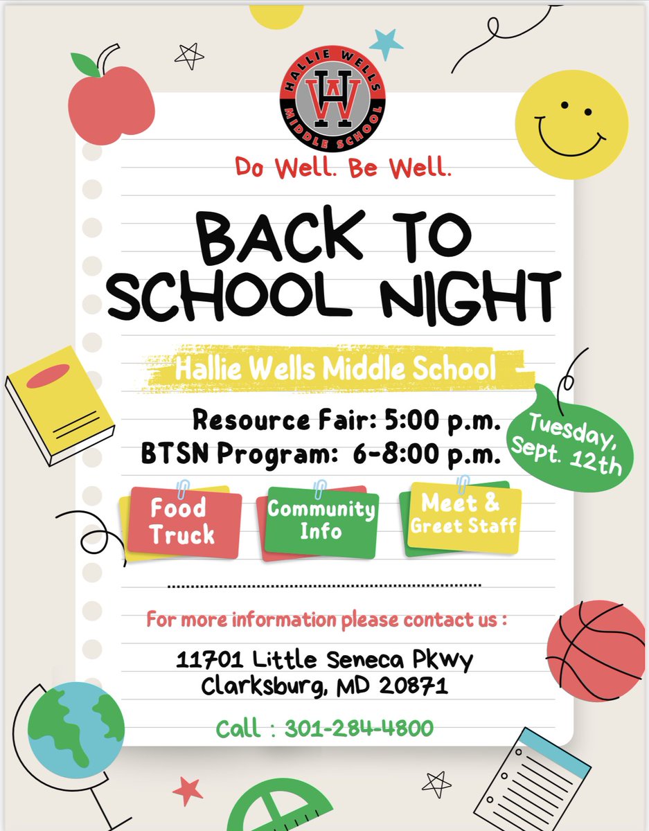DrMcNeal_HWMS's tweet photo. Hallie Wells Families: Back to School Night is next Tuesday, September 12th! Make plans to join us! There will be a resource fair, a food truck, &amp; childcare will be provided! We’re looking forward to seeing YOU! #DoWellBeWell @HallieWellsMS @HWPTSA @HWMS_AP_Paskvan @bethfthomas1 https://t.co/MedjF1Qjdz