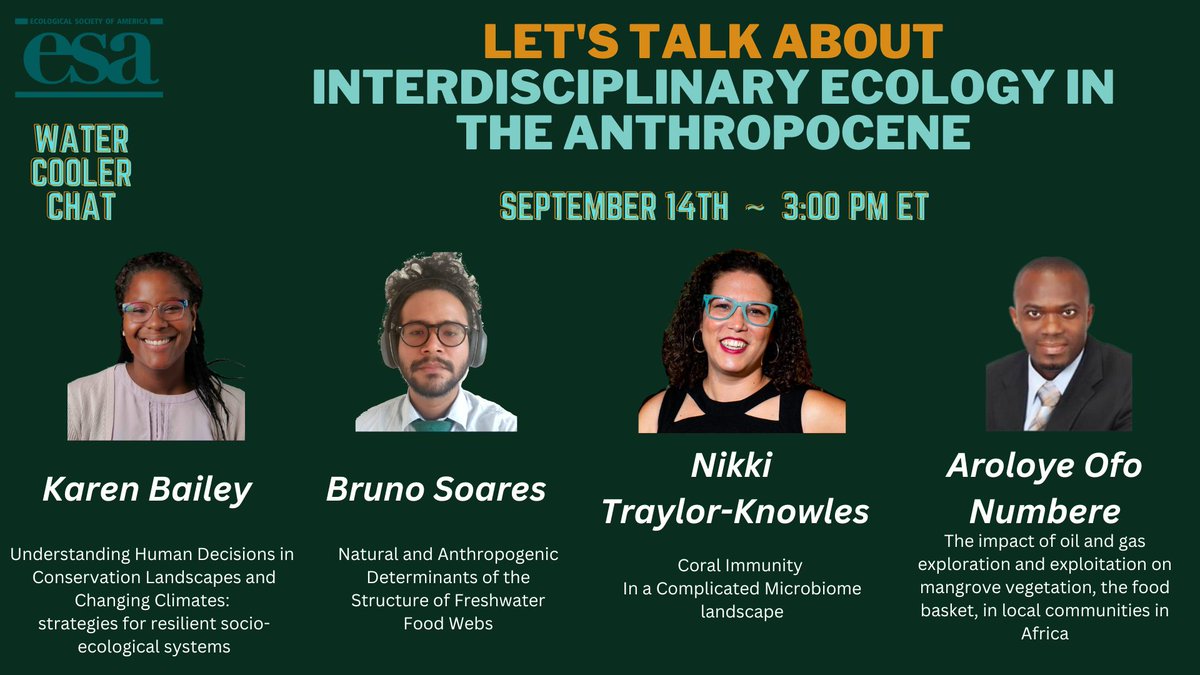 Next week: Join us for a very special water cooler chat with the 2022 ESA Excellence in Ecology Scholars! They'll share their research perspectives &amp; discuss #InterdisciplinaryEcology in the Anthropocene

📅Sep 14, 3pm ET
📋Register: esa.zoom.us/meeting/regist…